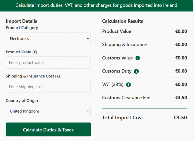 Ireland Customs Duty Calculator